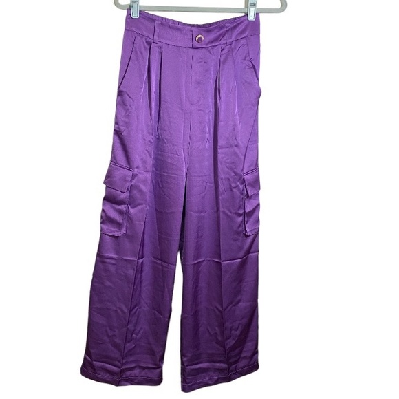 Purple Satin Wide Leg Cargo Pants Women’s Size Large - Picture 1 of 10